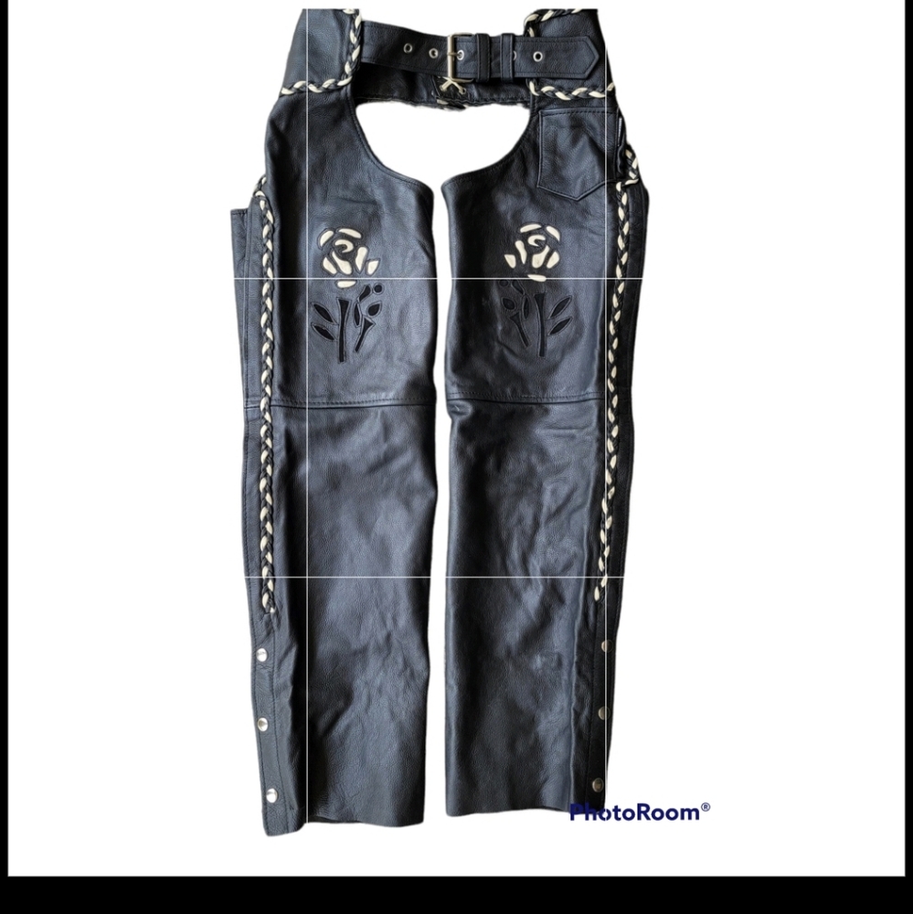 Jamin Leather: Women's Leather Chaps w/Black and Whited Braided trim.. Sz.XS..
